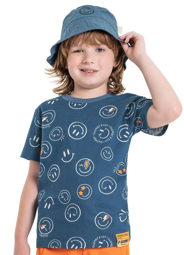Quimby - Camiseta Emojis Infantil Manga Curta Azul