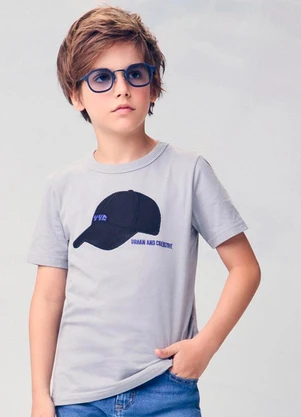 Youccie - Camiseta Infantil com Boné Bordado Cinza - YOUCCIE