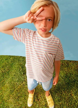 Bugbee - Camiseta Infantil Oversized Listrada Cinza - BUGBEE
