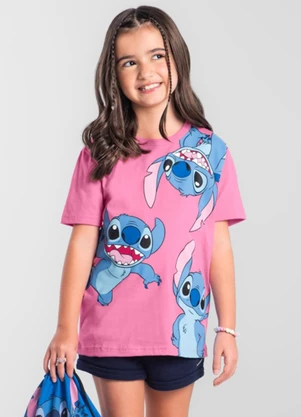 Brandili - Camiseta Infantil Stitch com Bolsa Rosa - BRANDILI