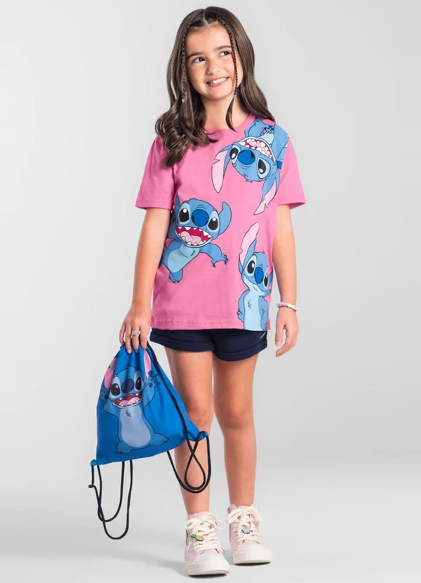 Brandili - Camiseta Infantil Stitch com Bolsa Rosa 3