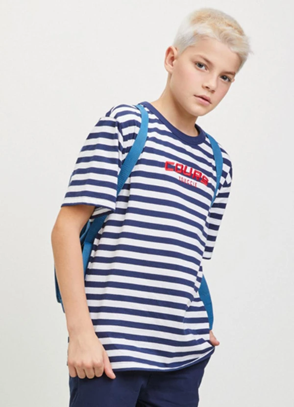 Youccie - Camiseta Listrada com Bordado Azul 1