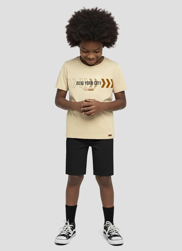 Reirex - Camiseta Menino Meia Malha Estampada Bege