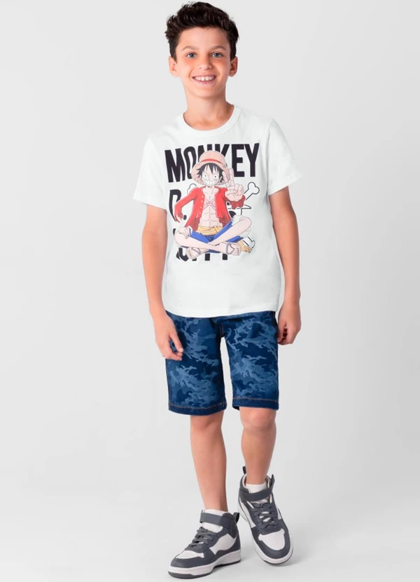 Brandili - Camiseta One Piece Infantil Unissex Branco