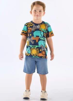 Up Baby - Camiseta Safári Infantil em Algodão Azul - UP BABY