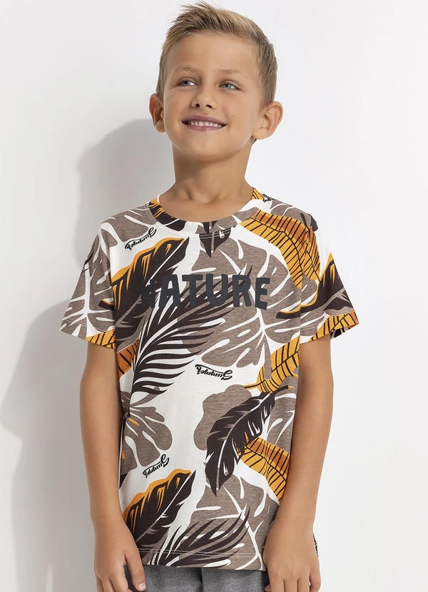 - Camiseta com Estampa Folhas Bege