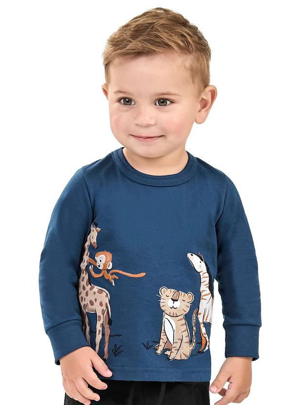 Elian - Camiseta Bebê Menino Manga Longa Safári Azul
