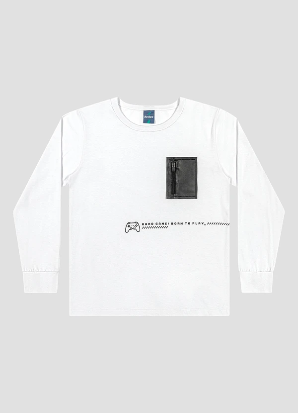 Reirex - Camiseta Infantil Manga Longa com Bolso Branco