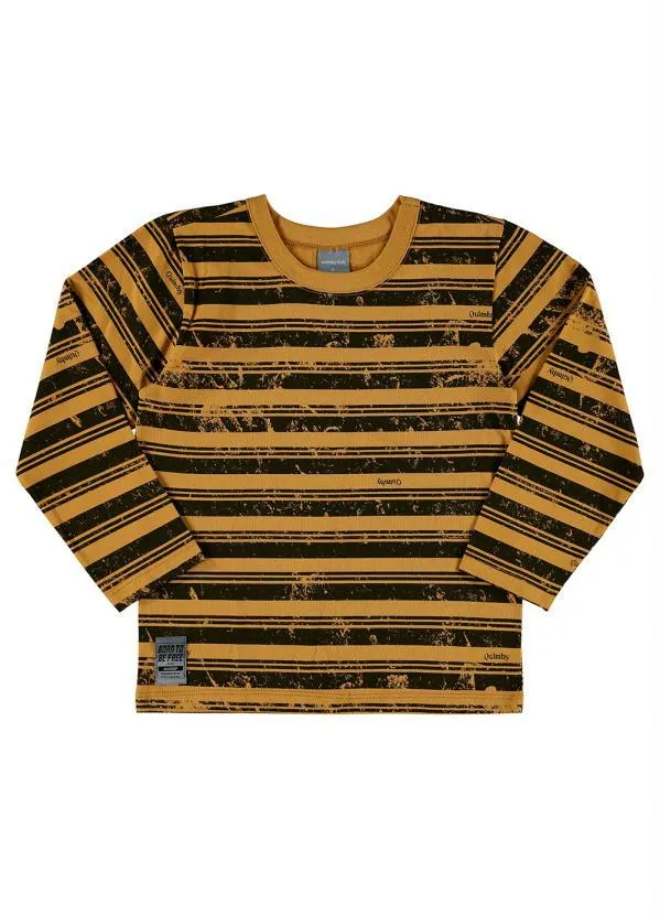 Quimby - Camiseta Infantil Manga Longa Listrada Marrom