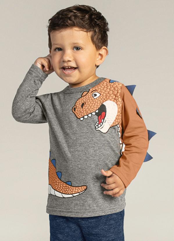 Brandili - Camiseta Infantil Menino de Dinossauro Cinza