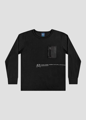 Reirex - Camiseta Infantil Menino Manga Longa com Bolso Preto - REIREX