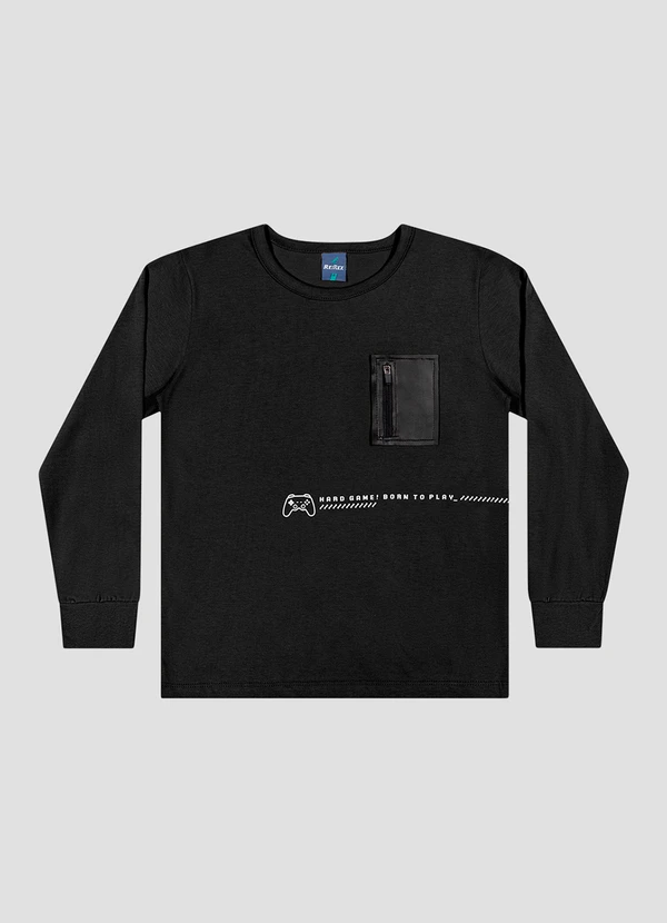 Reirex - Camiseta Infantil Menino Manga Longa com Bolso Preto