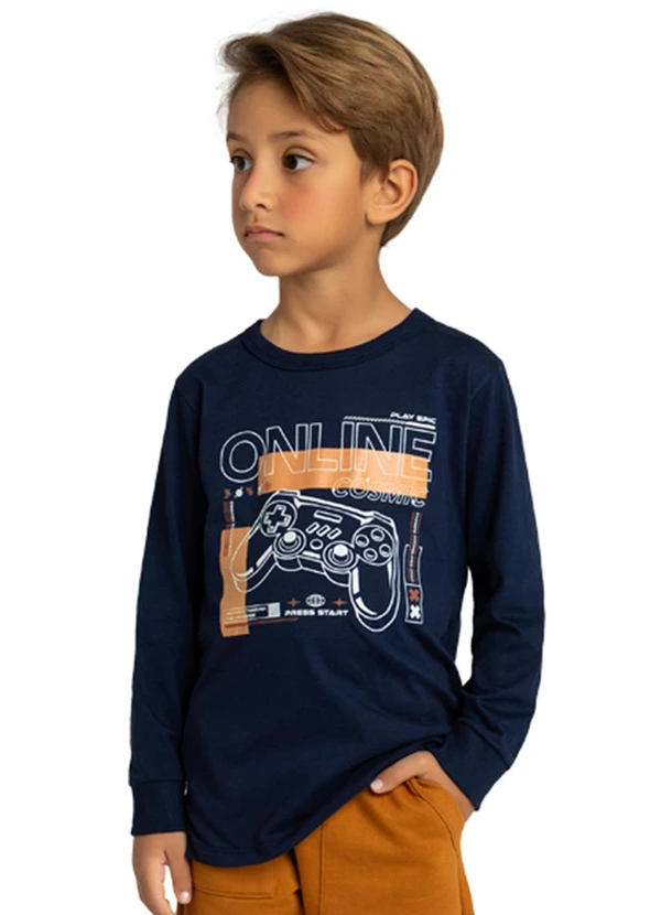 Marlan - Camiseta Manga Longa em Meia Malha Penteada Azul