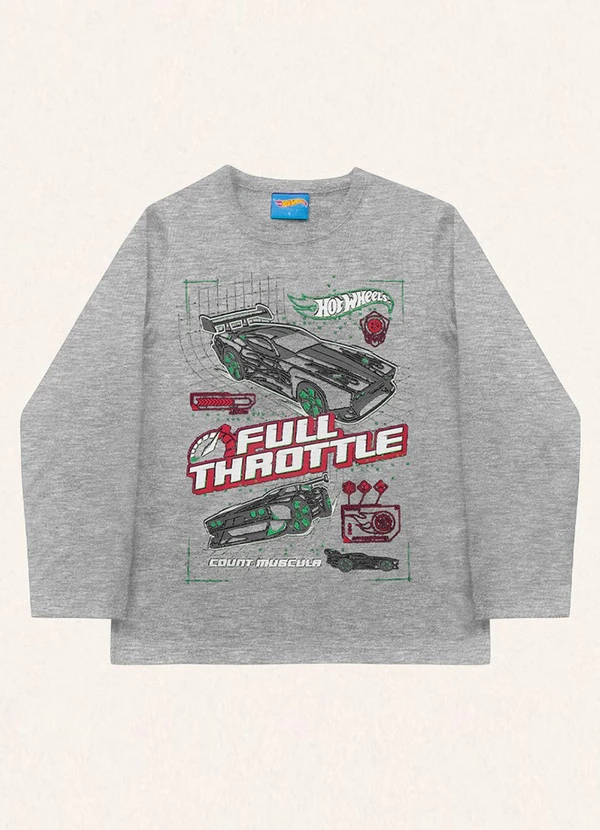 Fakini Kids - Camiseta Manga Longa Hot Wheels Cinza
