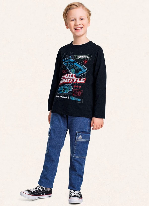 Fakini Kids - Camiseta Manga Longa Hot Wheels Preto