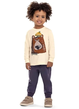 Elian - Camiseta Manga Longa Infantil Menino Urso Bege - ELIAN