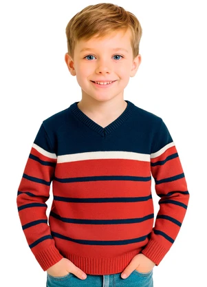 Doce Tom - Suéter em Tricô Listrado Gola V Vermelho - DOCE TOM