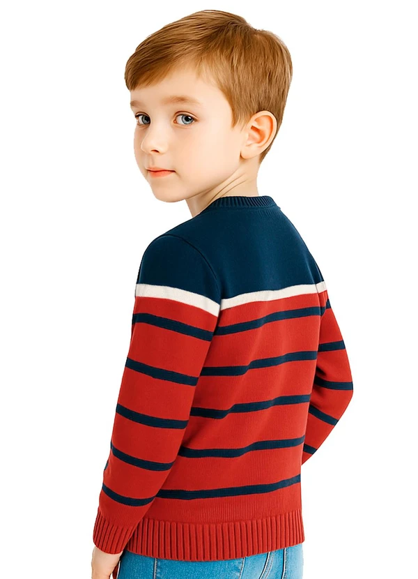 Doce Tom - Suéter em Tricô Listrado Gola V Vermelho 2