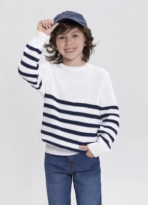 Alakazoo - Blusão Infantil Menino em Tricô Listrado Branco - ALAKAZOO