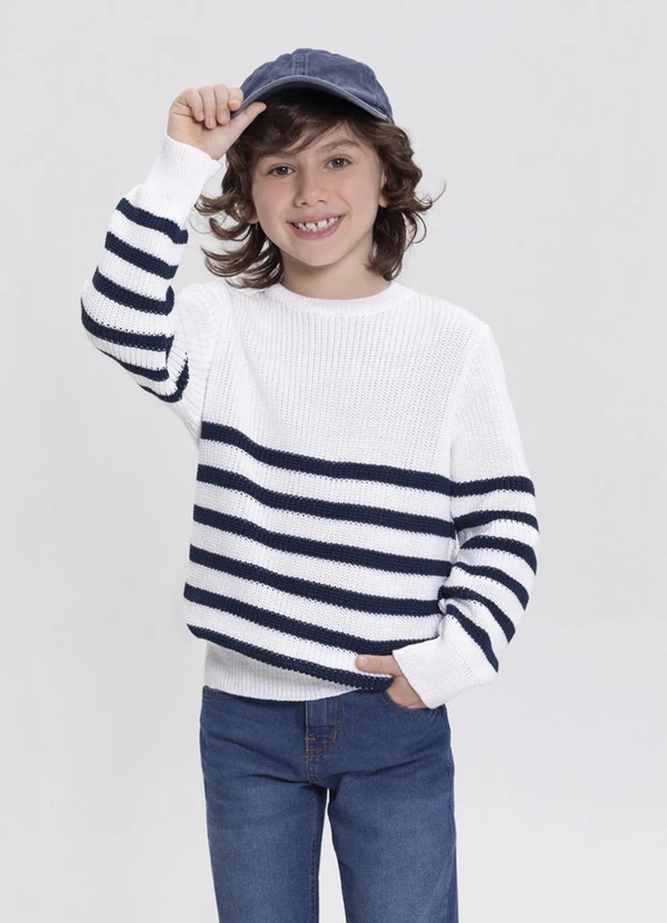 Alakazoo - Blusão Infantil Menino em Tricô Listrado Branco