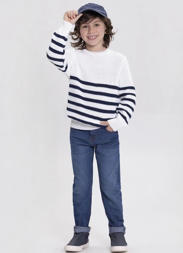 Alakazoo - Blusão Infantil Menino em Tricô Listrado Branco 2