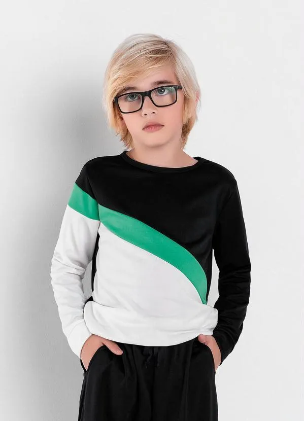 Queima Estoque - Casaco Infantil Preto/Branco/Verde com Recortes