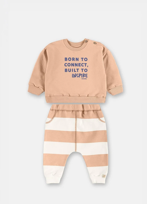 Up Baby - Conjunto Blusão Calça Listrada Bege 2