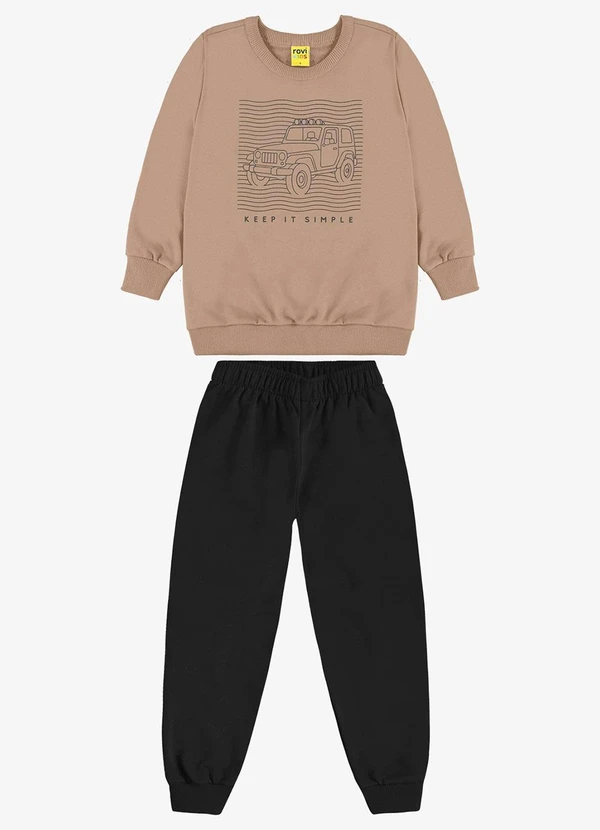 Rovi Kids - Conjunto Blusão e Calça Moletom Sarjado Marrom