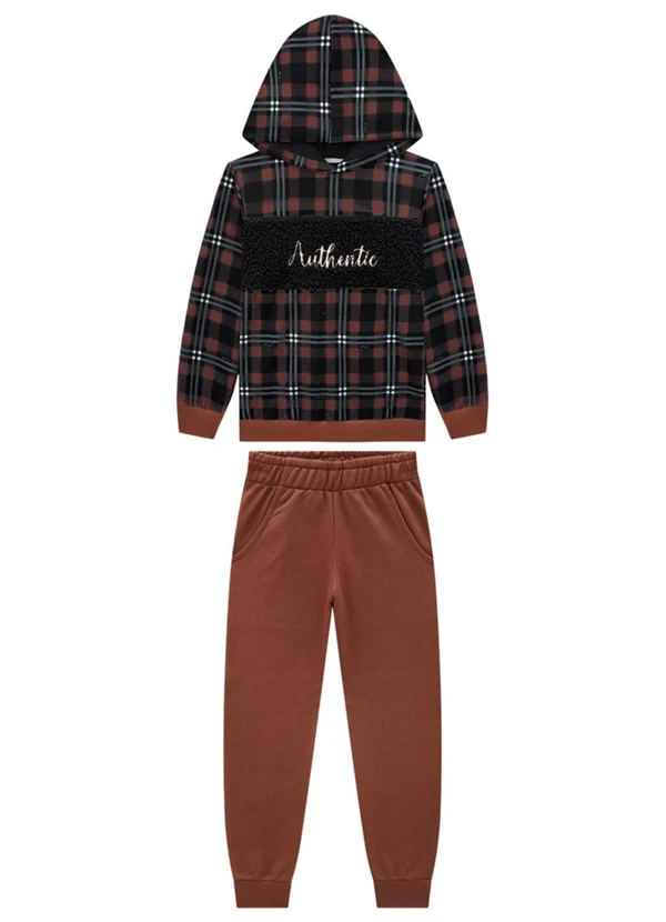 Ioluig - Conjunto Blusão Xadrez e Calça Moletom Marrom 2