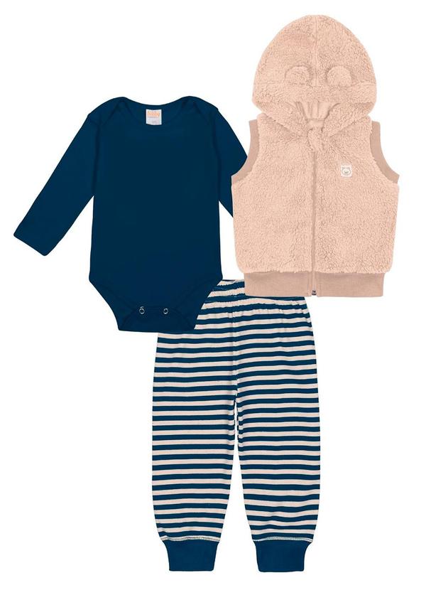 Abrange - Conjunto Body Colete em Pelo e Calça Listrada Azu