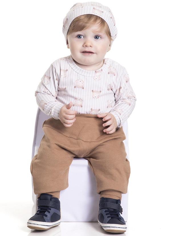 Randa Mundu - Conjunto Body Cotton/Touca/Calça Moletom Bege