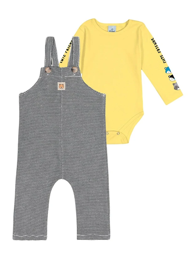 Abrange - Conjunto Body e Jardineira Listrada Baby Amarelo