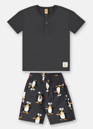 Up Baby - Conjunto Camiseta Bermuda Pinguim Cinza - UP BABY
