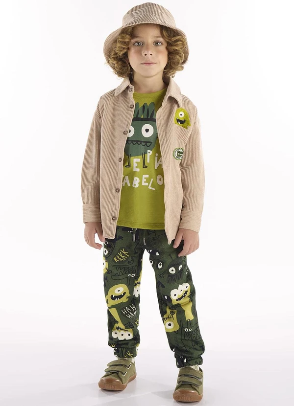 Três e Já - Conjunto Camiseta, Calça e Camisa Verde