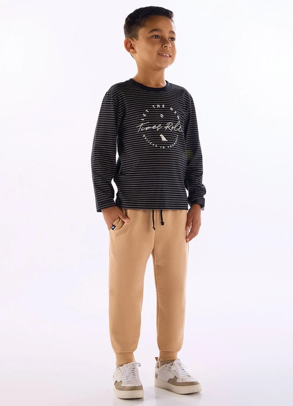 Quimby - Conjunto Camiseta Listrada Calça Preto