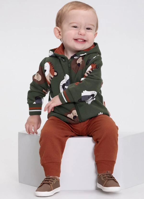 Alakazoo - Conjunto com Jaqueta de Zíper e Calça Lisa Verde