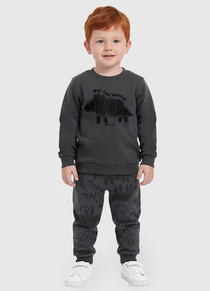 Malwee Kids - Conjunto Dino em Moletom Flanelado Cinza Escuro - MALWEE KIDS