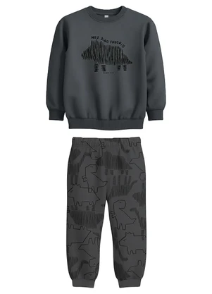 Malwee Kids - Conjunto Dino em Moletom Flanelado Cinza Escuro - MALWEE KIDS