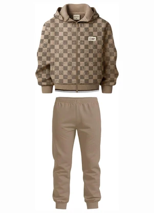 Carinhoso - Conjunto em Moletom Quadriculado Taupe - CARINHOSO