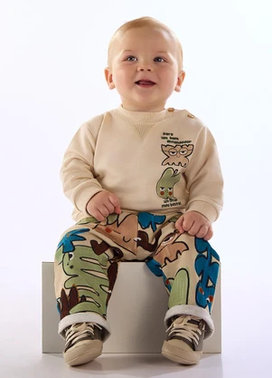 Três e Já - Conjunto Humor Bebê Blusão Calça Bege - TRÊS E JÁ