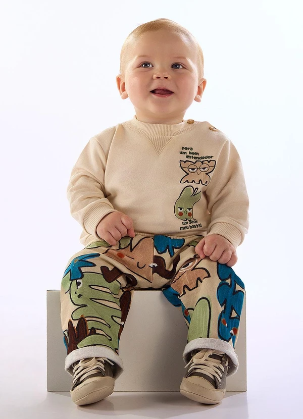 Três e Já - Conjunto Humor Bebê Blusão Calça Bege 1