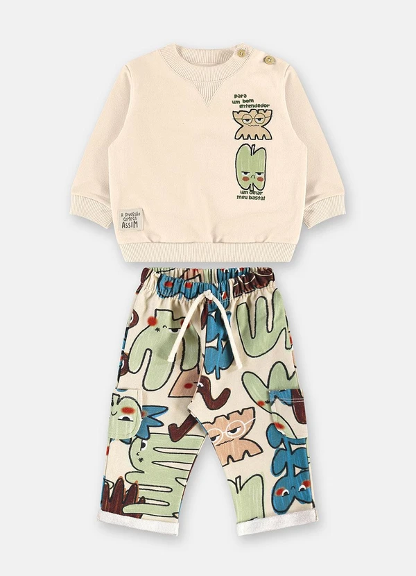Três e Já - Conjunto Humor Bebê Blusão Calça Bege 2