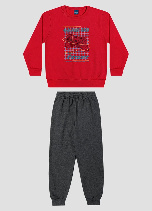 Reirex - Conjunto Infantil Blusão Estampa Game e Calça Vermelho
