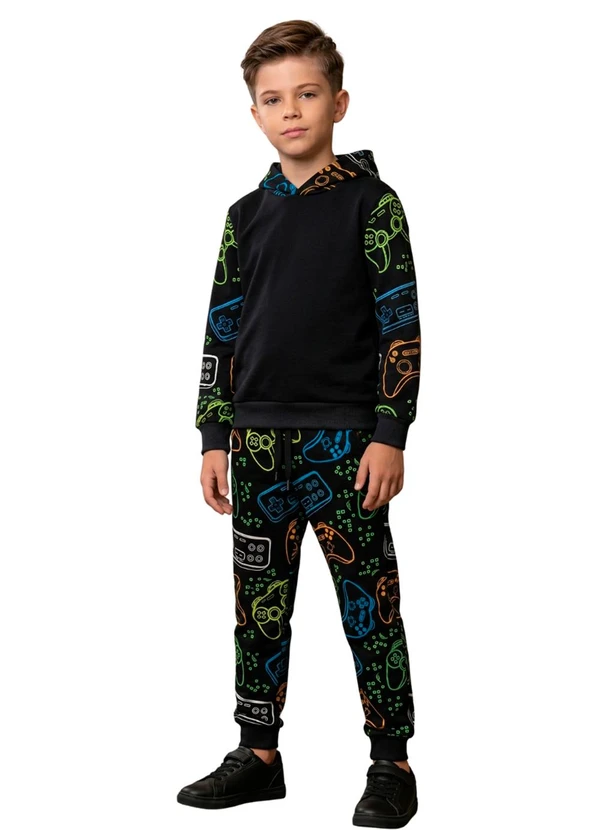 Rosa Azul - Conjunto Infantil Inverno Gaming Preto