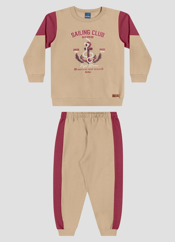 Reirex - Conjunto Infantil Menino Blusão e Calça Moletom Náutico Bege