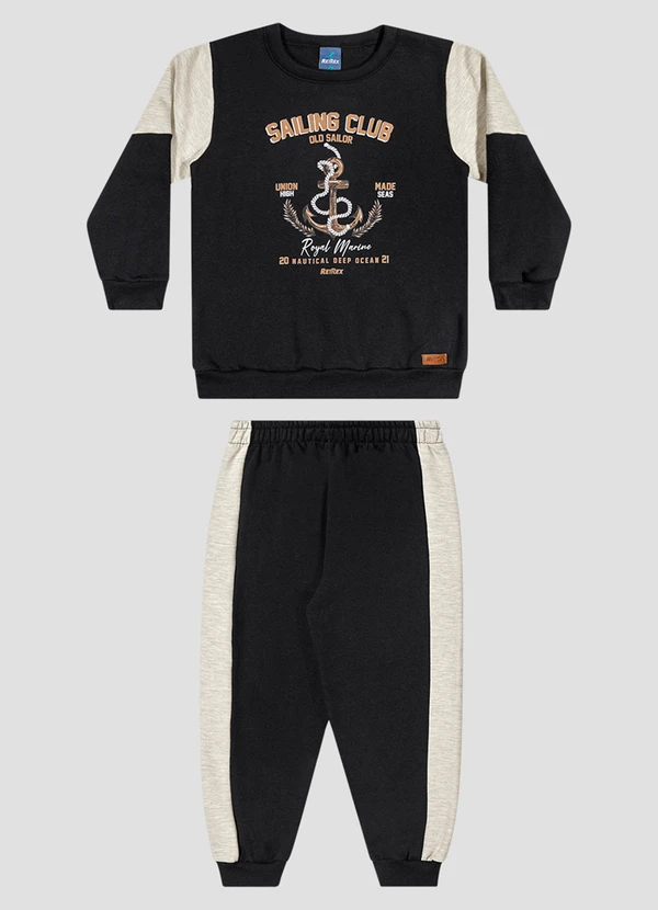 Reirex - Conjunto Infantil Menino Blusão e Calça Moletom Náutico Preto