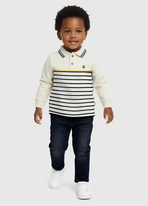 Carinhoso - Conjunto Listrado com Jeans Off White - CARINHOSO