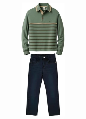 Carinhoso - Conjunto Listrado com Jeans Verde Militar - CARINHOSO