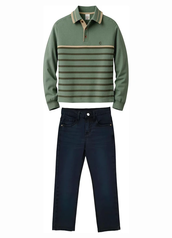Carinhoso - Conjunto Listrado com Jeans Verde Militar