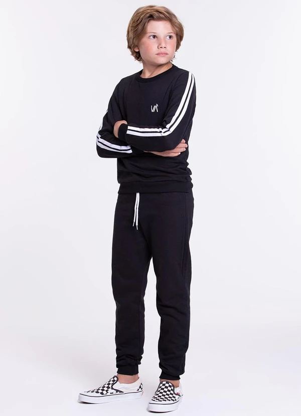 Vida Costeira - Conjunto Moletom Infantil Detalhe Faixas Preto 1